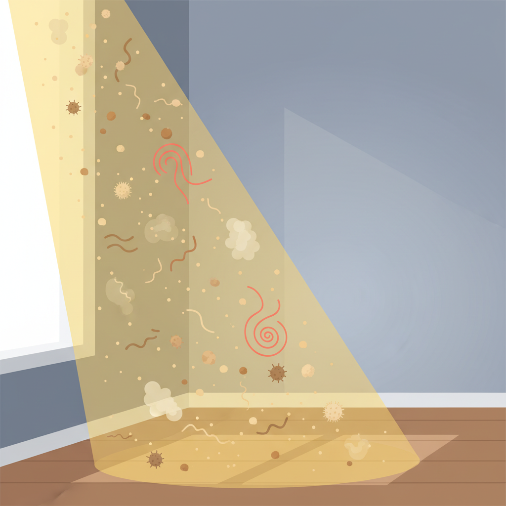 A stylized, close-up illustration depicting a beam of sunlight illuminating a room, revealing numerous microscopic dust particles suspended in the air. These particles are shown in varying shapes and sizes, subtly hinting at their diverse composition like pollen, dander, and textile fibers. A faint, abstract representation of an allergic reaction or irritation symbol (without any text) could be subtly interwoven with the dust motes, emphasizing their potential health impact. The overall atmosphere is clean and slightly sterile, yet effectively highlights the invisible threat of dust. Flat illustration style with soft gradients and clean lines.