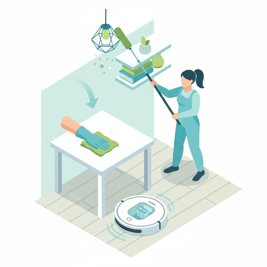 A clean, modern flat illustration or isometric diagram depicting a person efficiently cleaning a room from top to bottom. The scene shows a stylized interior with a high shelf or light fixture being dusted with a lamella duster, while dust particles subtly drift downwards. Below, a hand holds a microfiber cloth wiping a table surface, and a vacuum cleaner with a prominent, visually distinct filter compartment (perhaps glowing or highlighted) indicating advanced filtration, is positioned near the floor. Gentle, downward-pointing arrows visually guide the eye, emphasizing the correct cleaning order. The color palette is bright and fresh, conveying cleanliness and efficiency.