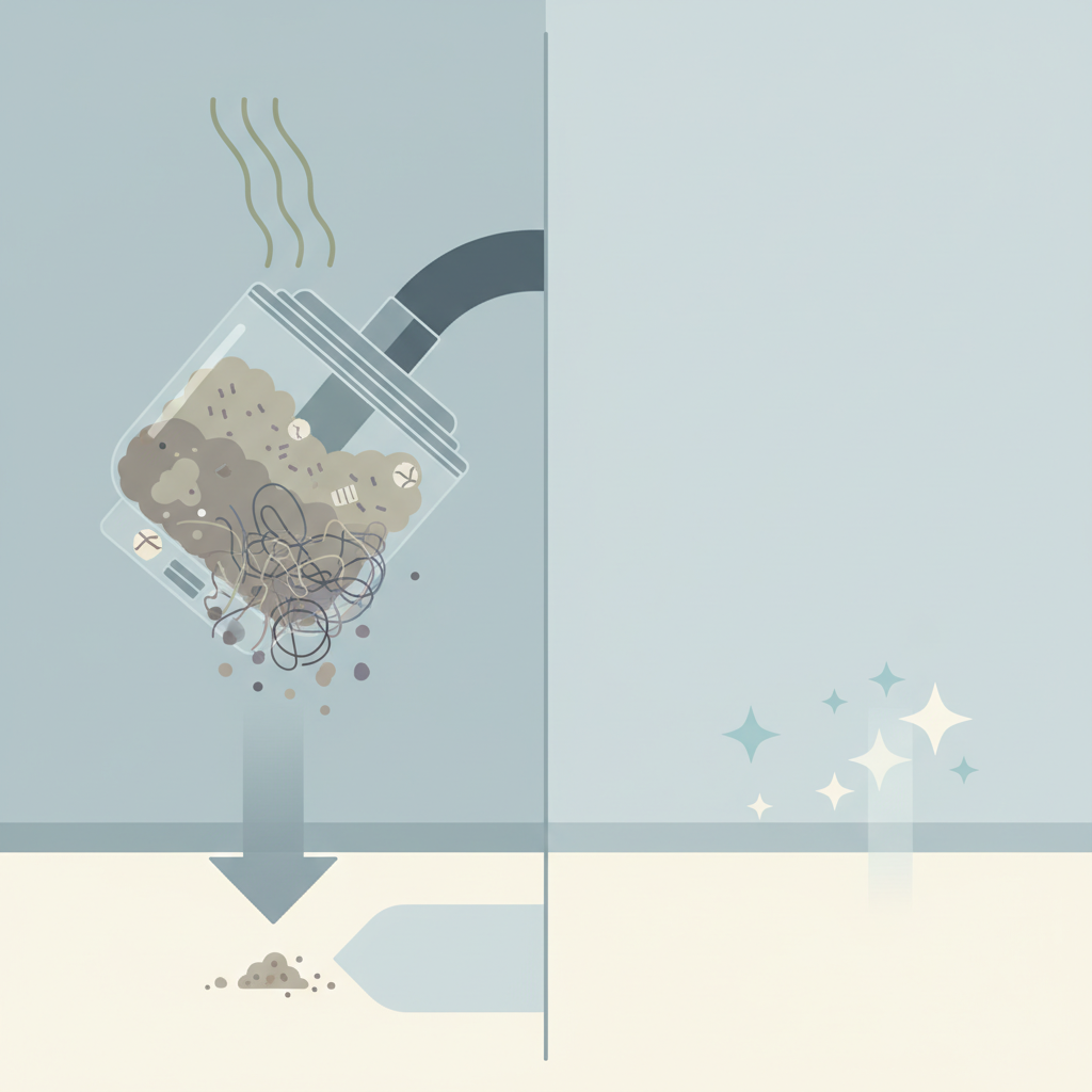 A conceptual infographic illustration depicting the negative impacts of a dirty vacuum cleaner. On one side, show a generic, slightly clogged vacuum cleaner nozzle or a translucent dustbin overflowing with dust, hair, and debris. Visual cues like faint wavy lines emanating from the dustbin could symbolize unpleasant odors. A downward-pointing, faded arrow could illustrate reduced suction power, possibly interacting with a pile of untouched dirt. Use a clean, modern color palette with muted tones for the 'dirty' elements, contrasted with the cleaner environment. Flat illustration style, emphasizing clarity and visual metaphors without any text.