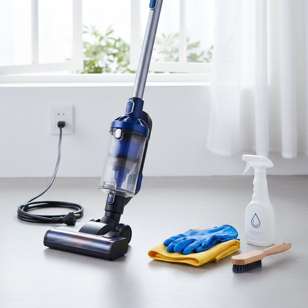 A bright, professional photo showcasing the initial preparation phase for vacuum cleaner maintenance. The scene features a modern, bagless vacuum cleaner with its power cord clearly unplugged from an outlet, emphasizing safety. Neatly arranged beside it are essential cleaning tools: a pair of cleaning gloves, a small brush for dusting, a microfiber cloth, and a small container of mild cleaning solution. The background is a clean, well-lit surface, possibly with a subtle hint of an open window, suggesting a well-ventilated area. The focus is on organization and readiness for cleaning, with a realistic and clean aesthetic.