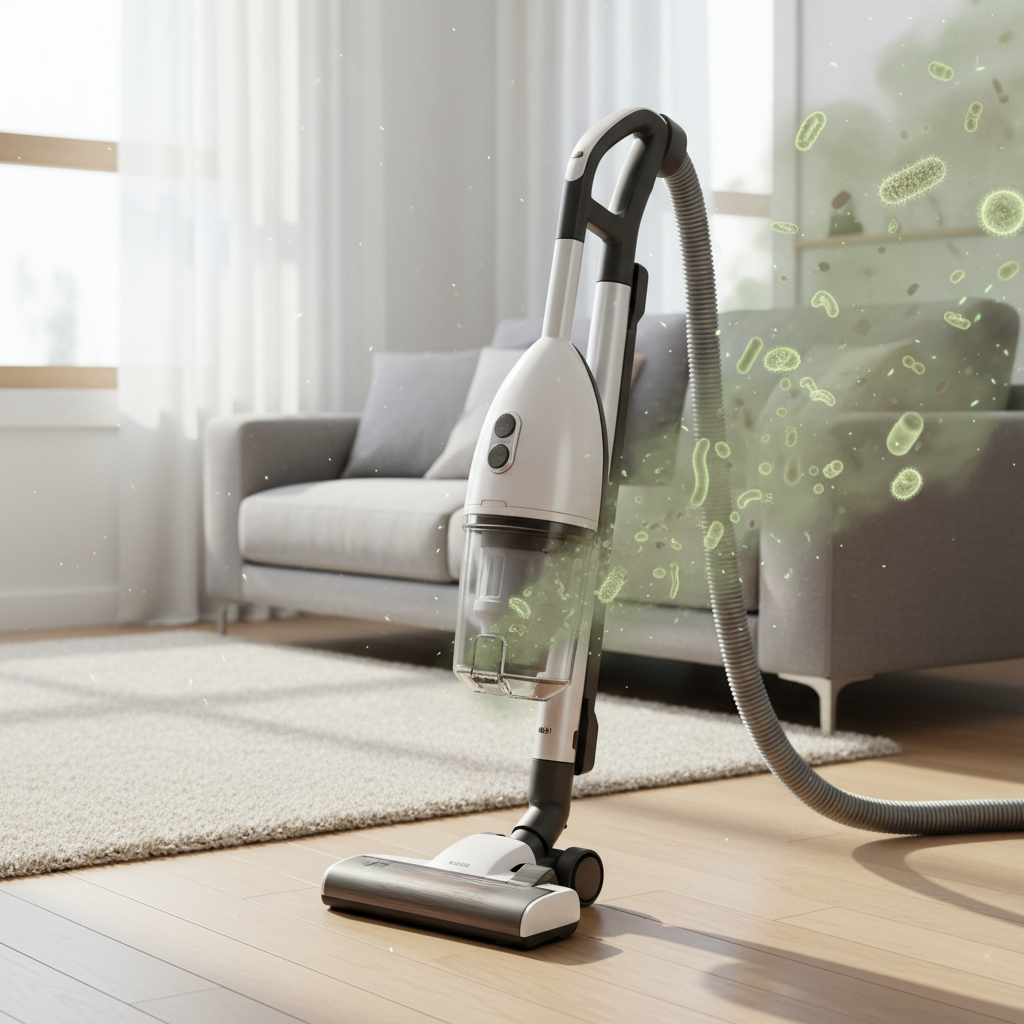 A modern, upright vacuum cleaner in a domestic setting, emitting subtle, greenish-brown stylized vapor from its dust collection area and filter exhaust. Within these vapor trails, microscopic representations of bacteria and mold spores are visible, illustrating the unseen source of a foul odor. The overall image should evoke a sense of an invisible, unpleasant problem despite outwardly clean surroundings, captured in a professional photo style with a hint of digital illustration for the odor.