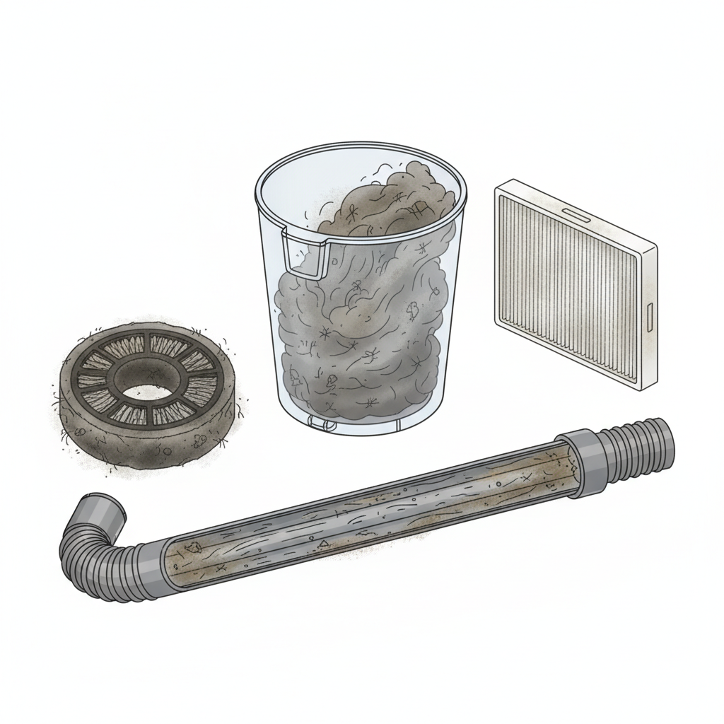 A detailed, clean infographic illustration depicting the internal components of a vacuum cleaner laid out separately on a white background. Clearly visible parts include a transparent dust container filled with simulated dirt and hair, a heavily soiled pre-motor filter, a dusty HEPA filter, and a flexible hose with visible grime clinging to its interior walls. The focus is on showing the accumulation of debris in critical areas.
