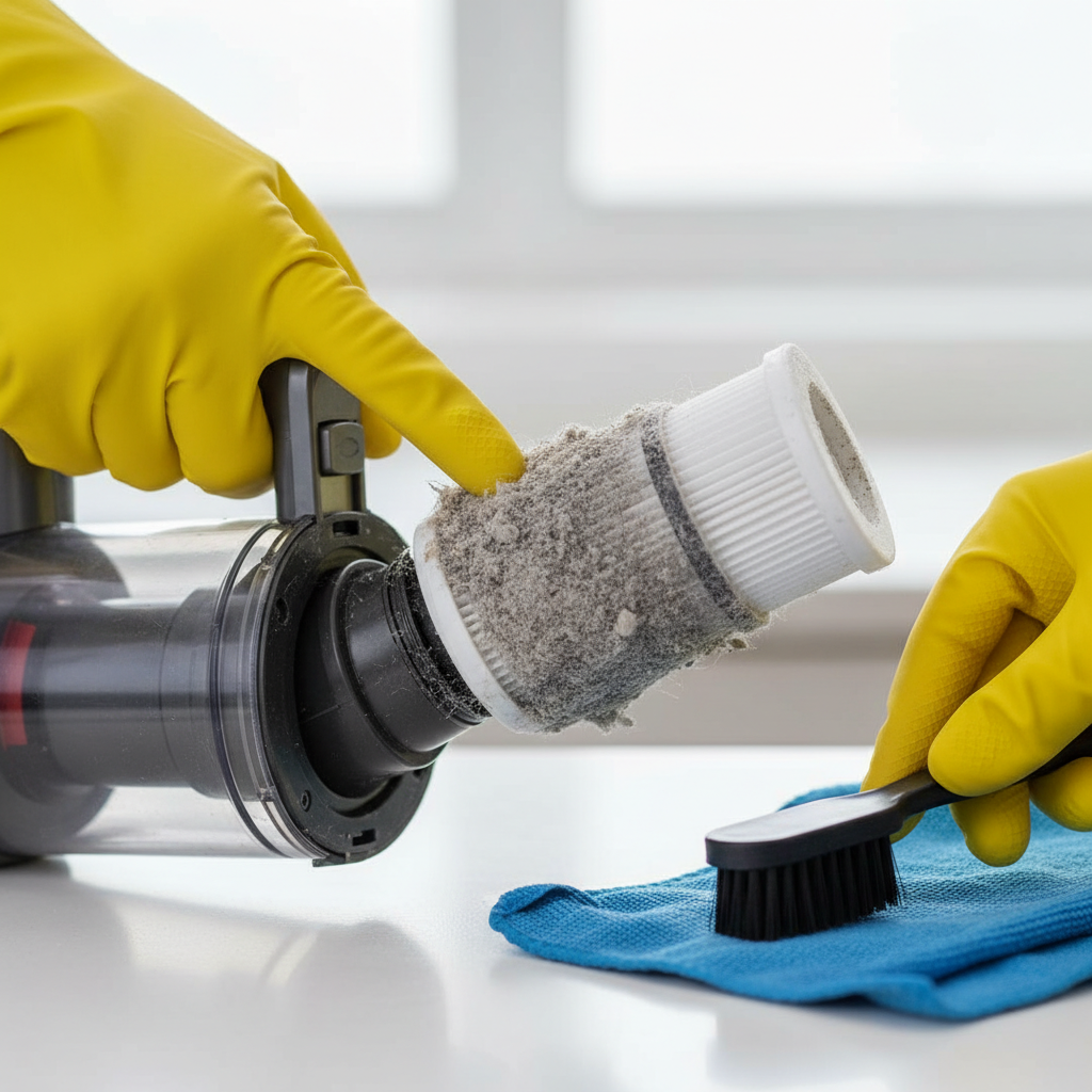 Close-up view of hands wearing bright yellow rubber cleaning gloves, actively involved in maintaining a vacuum cleaner component. One hand carefully detaches a dirty, reusable filter from the vacuum, revealing accumulated dust. The other hand could be holding a small brush, poised to clean the removed filter or another accessible part. Emphasize the practical, hands-on cleaning action in a realistic, well-lit photograph.