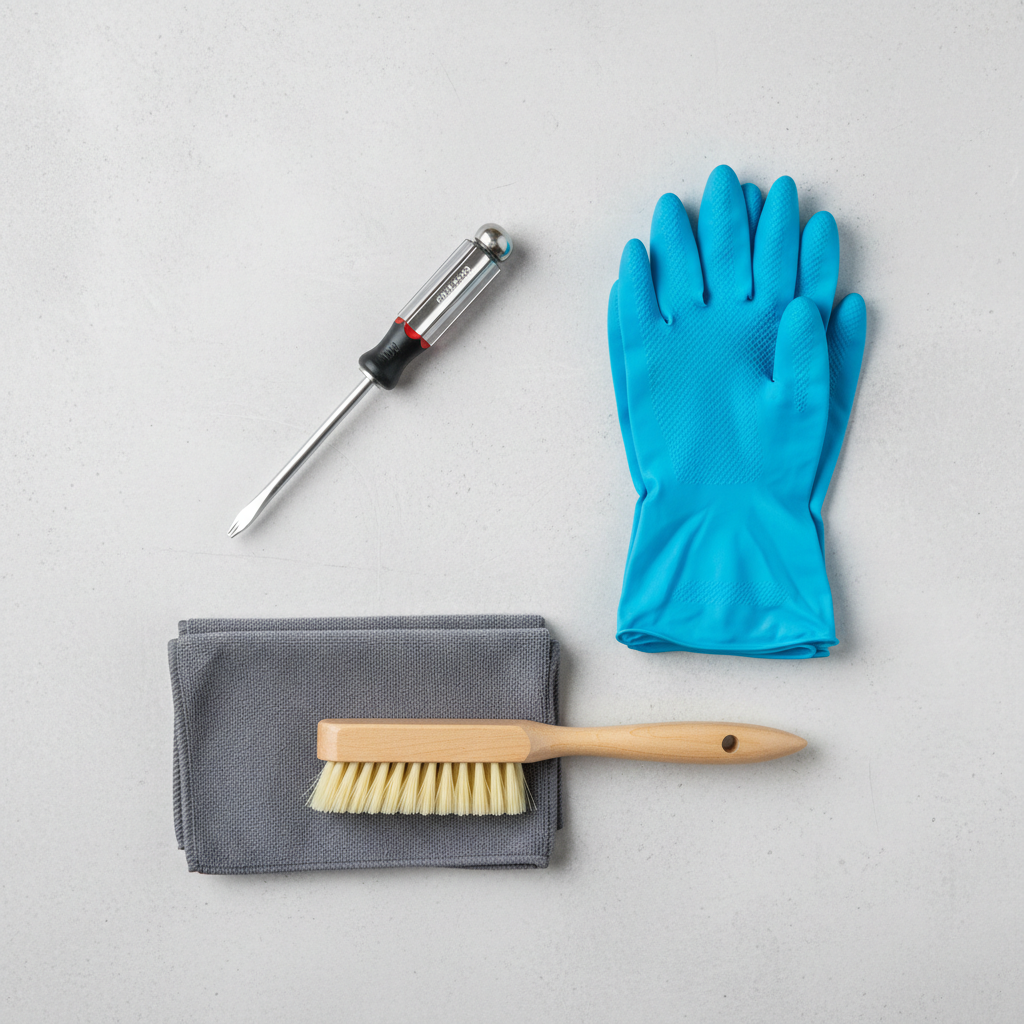 A clean, organized flat lay composition showing essential tools for vacuum cleaner cleaning. Arranged neatly on a light, neutral background are a Philips head screwdriver, a pair of vibrant blue rubber cleaning gloves, a small, stiff-bristled cleaning brush, and possibly a microfibre cloth. The items are clearly distinct and professionally lit, conveying a sense of preparedness for a cleaning task in a top-down photographic style.