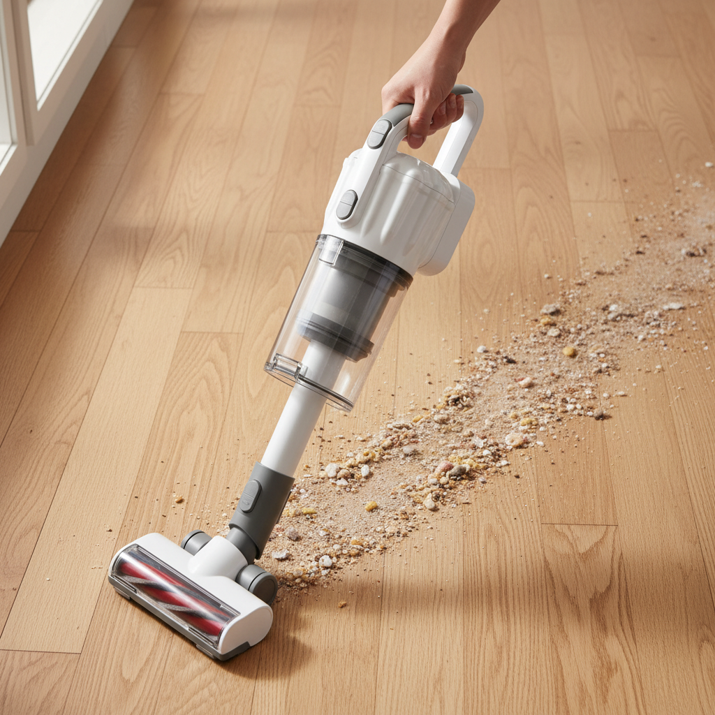 A top-down, slightly angled shot of a modern, upright vacuum cleaner on a wooden floor. The vacuum has just passed over a small scattering of crumbs and dust, but a significant amount of debris remains clearly visible on the floor, untouched by the cleaner. A person's hand is visible holding the vacuum handle, conveying a sense of mild frustration. The scene should evoke the common problem of a vacuum losing suction. Professional photo style with realistic lighting.