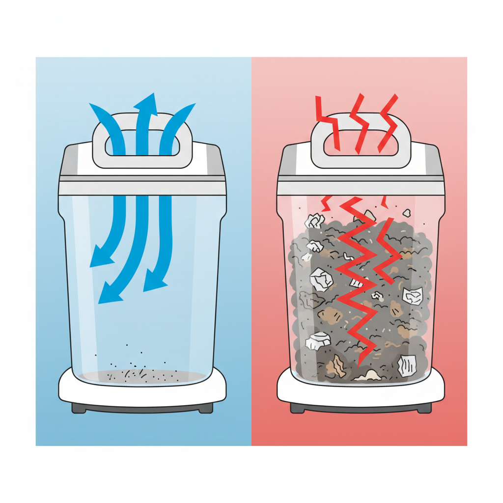 An infographic-style illustration depicting a split view of a vacuum cleaner's internal dust collection system. On the left side, an empty or sparsely filled transparent dust bin (or dust bag) is shown, with clear, strong blue arrows indicating unimpeded airflow. On the right side, the same dust bin is visibly overflowing with compacted dirt and debris, with weak, broken red arrows illustrating severely restricted airflow. The overall feel should be clean and easy to understand. Flat illustration.