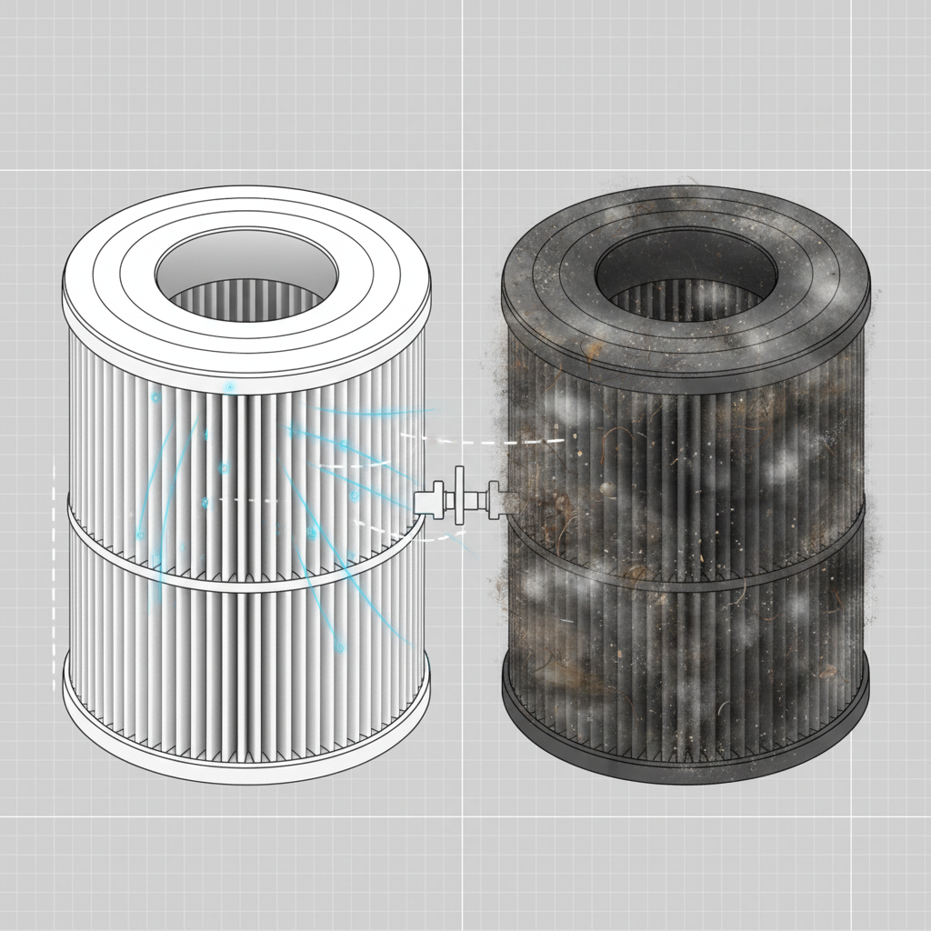 A detailed, close-up technical illustration focusing on two distinct vacuum cleaner filters. One filter, possibly a HEPA or pleated type, appears pristine and white, with thin, transparent blue lines or dots subtly flowing through it, symbolizing clean air passage. The second filter, identical in shape, is heavily clogged and dark with accumulated dust, pet hair, and fine particles, with no discernible airflow indications. The contrast between clean and dirty should be striking. Exploded view or cutaway style illustration.
