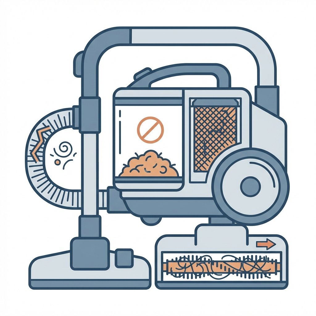A simplified, schematic illustration of a generic modern canister vacuum cleaner, broken down into its main functional parts. The illustration should highlight the key components related to suction: the dust container/bag area, the filter compartments, the flexible hose, the main nozzle, and the brush roll. Each highlighted area should subtly suggest a potential blockage or issue (e.g., a full symbol for the bag, a clogged texture for filters), without using any actual text. Clean vector art style with a minimal color palette.