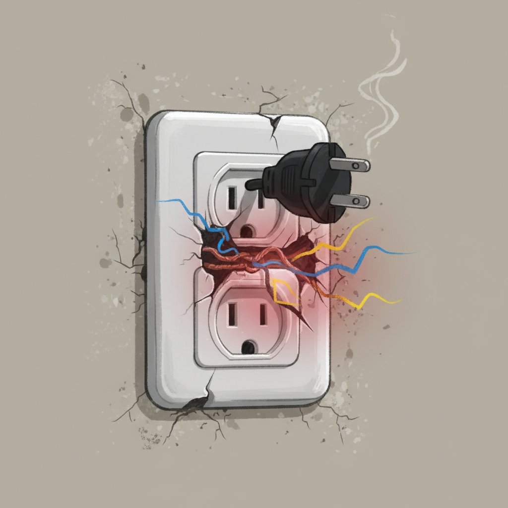 A dramatic, stylized illustration of a wall-mounted electrical socket visibly loose and pulling away from the wall. Behind the socket, subtle visual effects like tiny electrical sparks or a faint red glow suggest danger and overheating. A power plug is partially inserted, emphasizing the precarious connection. The overall mood should be one of warning and instability, using muted tones with highlights for the hazardous elements.