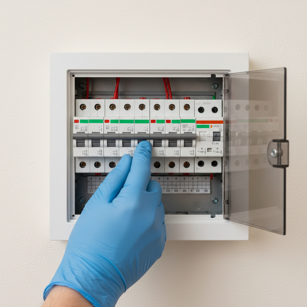 A professional, clean photo of a modern European fuse box (Sicherungskasten) in a domestic setting. A gloved hand is clearly shown in the foreground, actively flipping a single circuit breaker switch downwards to the 'off' position. The other circuit breakers are visible but the focus is on the action of turning off the power. The image should convey safety and a decisive action.
