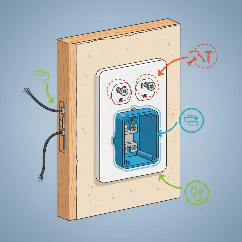 An infographic-style cutaway illustration depicting a section of a wall with an electrical socket. The image visually highlights three distinct areas as potential causes for looseness: 1) the mounting screws securing the socket to the flush-mounted box, shown slightly unscrewed, 2) the flush-mounted box itself, appearing slightly dislodged from the plaster, and 3) the internal wiring connections at the back of the socket, with one wire visibly loose from its terminal. Clear visual differentiators for each issue.