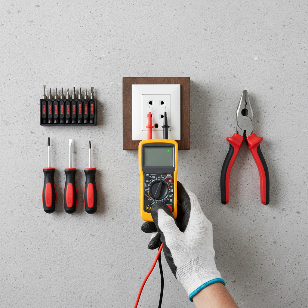 A clean, well-lit top-down photo (flat lay style) of essential tools for electrical repair laid out on a neutral surface: a screwdriver set, a pair of insulated pliers, and a voltage tester. A hand is prominently featured, holding the voltage tester with its probes inserted into the slots of a wall socket. The tester clearly indicates no voltage (e.g., no LED light, or a universally understood 'safe' visual cue), emphasizing the critical safety check after power shutdown.