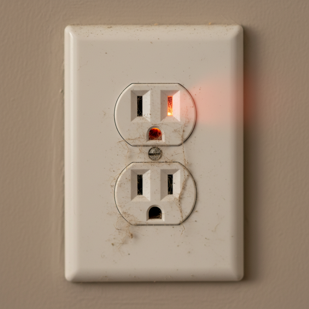 A close-up, slightly low-angle professional photo of a standard wall electrical outlet. Visible accumulation of dust, lint, and fine debris is clearly visible inside the openings and along the edges of the outlet plate. A very subtle, faint orange or reddish glow emanates from within one of the plug openings, suggesting potential heat or a fire hazard due to the dust buildup. The background is slightly blurred, keeping focus on the hazardous state of the dirty outlet.