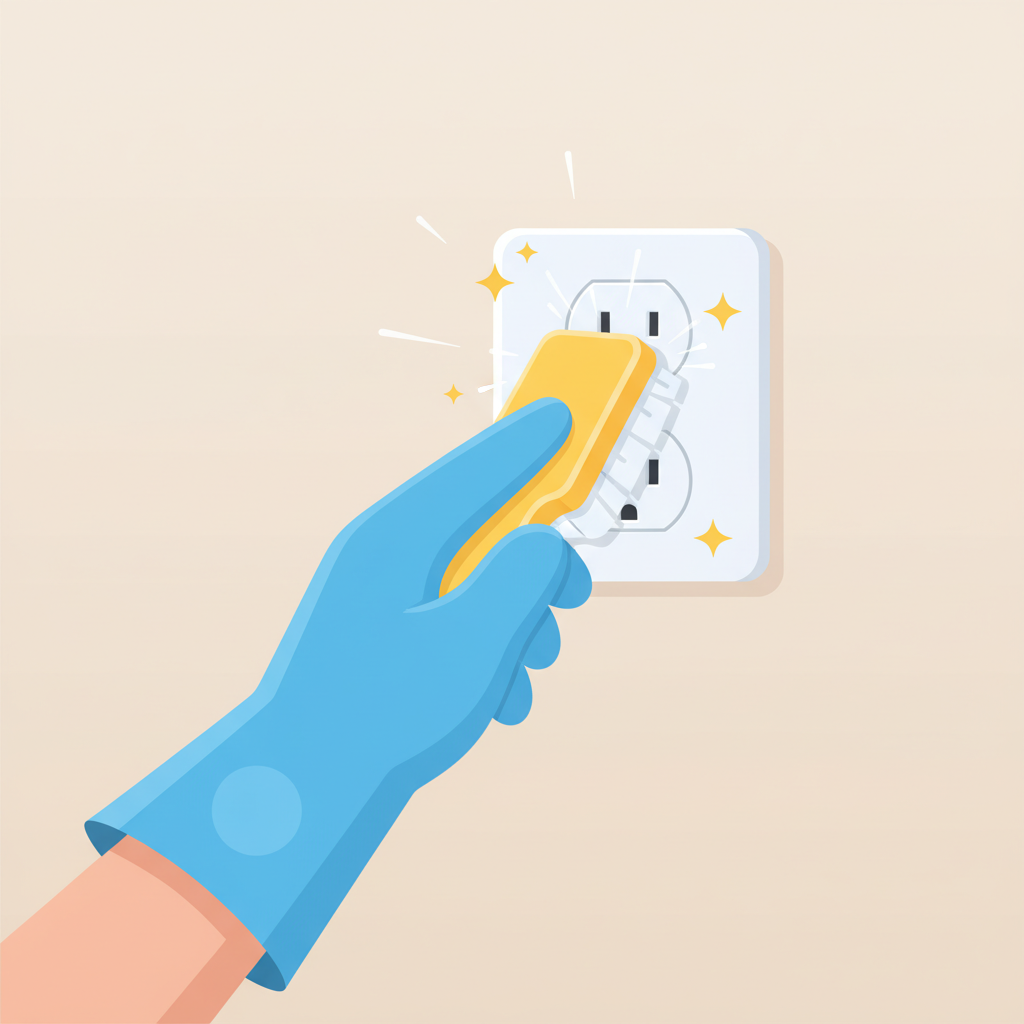 A bright, clean flat illustration depicting a safe cleaning scenario for an electrical outlet. A gloved hand, made of simple geometric shapes, is carefully using a non-metallic, soft-bristled cleaning brush to gently remove dust from the crevices of a wall-mounted electrical outlet. The outlet and surrounding wall appear pristine and well-maintained, with a subtle sparkle effect around the area being cleaned. The overall scene emphasizes caution and thoroughness.