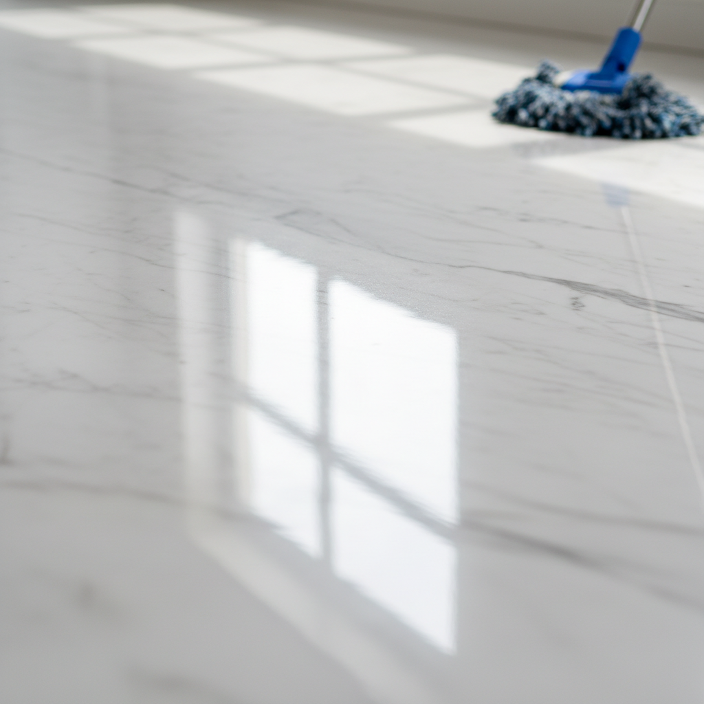 A professional close-up photograph showcasing a section of a freshly cleaned natural stone floor, perhaps polished marble or granite, radiating an exceptional high gloss and reflective quality. The surface is pristine, with soft light bouncing off it, creating a sense of cleanliness and renewed beauty. In the very soft background, slightly out of focus, a gentle cleaning tool like a microfibre mop or soft-bristled brush is subtly visible, hinting at the care taken. The image should convey immaculate maintenance and the stone's inherent elegance and durability.