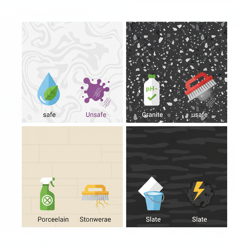 A clean, modern infographic-style flat illustration visually comparing different stone floor types and their cleaning sensitivities. The image is divided into four distinct sections, each representing a stone type (e.g., Marble, Granite, Porcelain Stoneware, Slate) with a unique, simplified texture/pattern. For each stone type, two universal symbols are presented: one indicating 'safe' cleaning (e.g., a gentle water drop or pH-neutral cleaner bottle icon) and another indicating 'unsafe' (e.g., a splash of acid or abrasive scrub brush icon, subtly showing a slight dulling effect on the stone surface). The overall aesthetic is informative and easy to understand at a glance, using clear iconography.