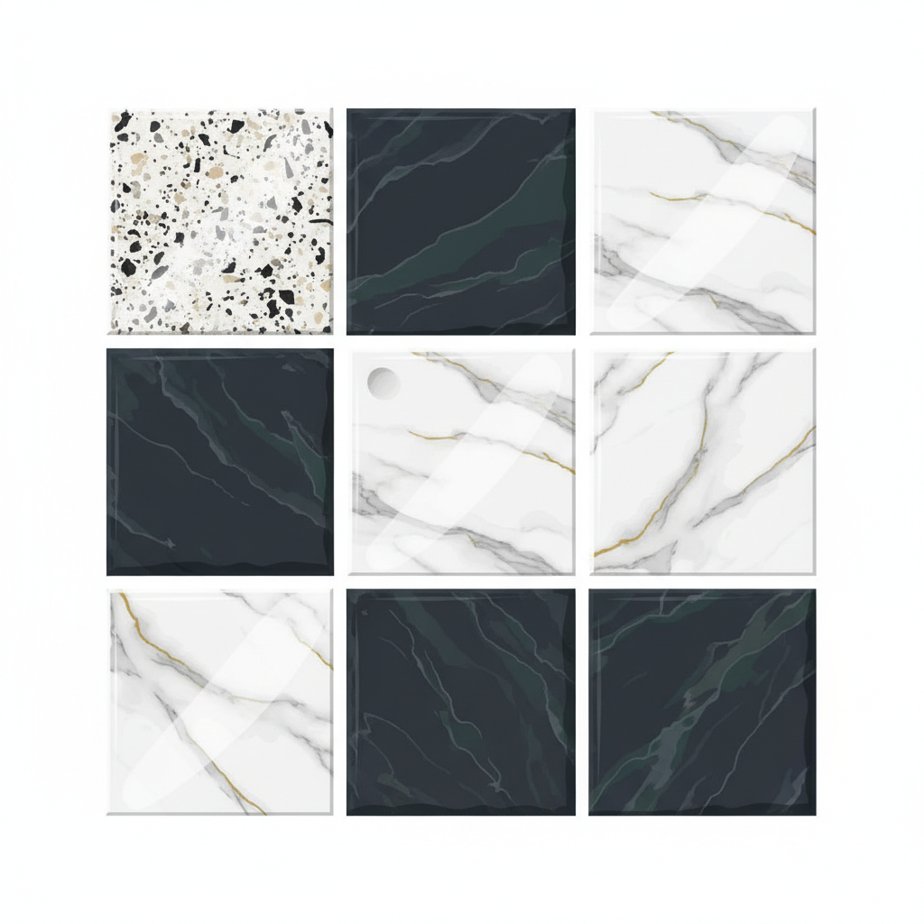 A clean, modern flat illustration depicting a variety of natural stone tile samples arranged in a visually appealing grid. Each tile type – specifically granite, marble, and slate – should be distinct, showcasing its unique texture and color variations. For the marble tile, subtly illustrate a small, dull, etched spot, visually contrasting with the rest of its pristine, polished surface, hinting at sensitivity. The granite and slate tiles should appear perfectly maintained and robust. The overall aesthetic should be bright, informative, and visually distinguish the different stone types and their care needs, without any text labels.