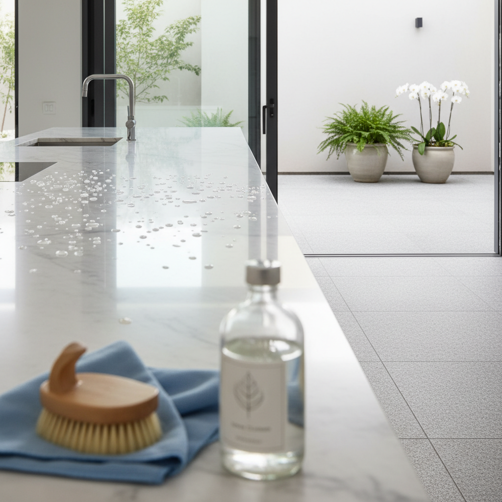 A pristine, elegantly styled kitchen and outdoor patio scene seamlessly blended. On one side, a gleaming marble kitchen countertop with subtle water droplets, reflecting soft light. On the other, a clean, well-maintained granite patio floor, free of any debris, with a few carefully placed potted plants. In the foreground, out of focus, gentle cleaning tools like a soft-bristle brush, a microfiber cloth, and a generic, clean-looking bottle of stone cleaner are artfully arranged, suggesting care and precision. The overall impression is one of sparkling cleanliness and preserved natural beauty. Professional, high-key photography style.