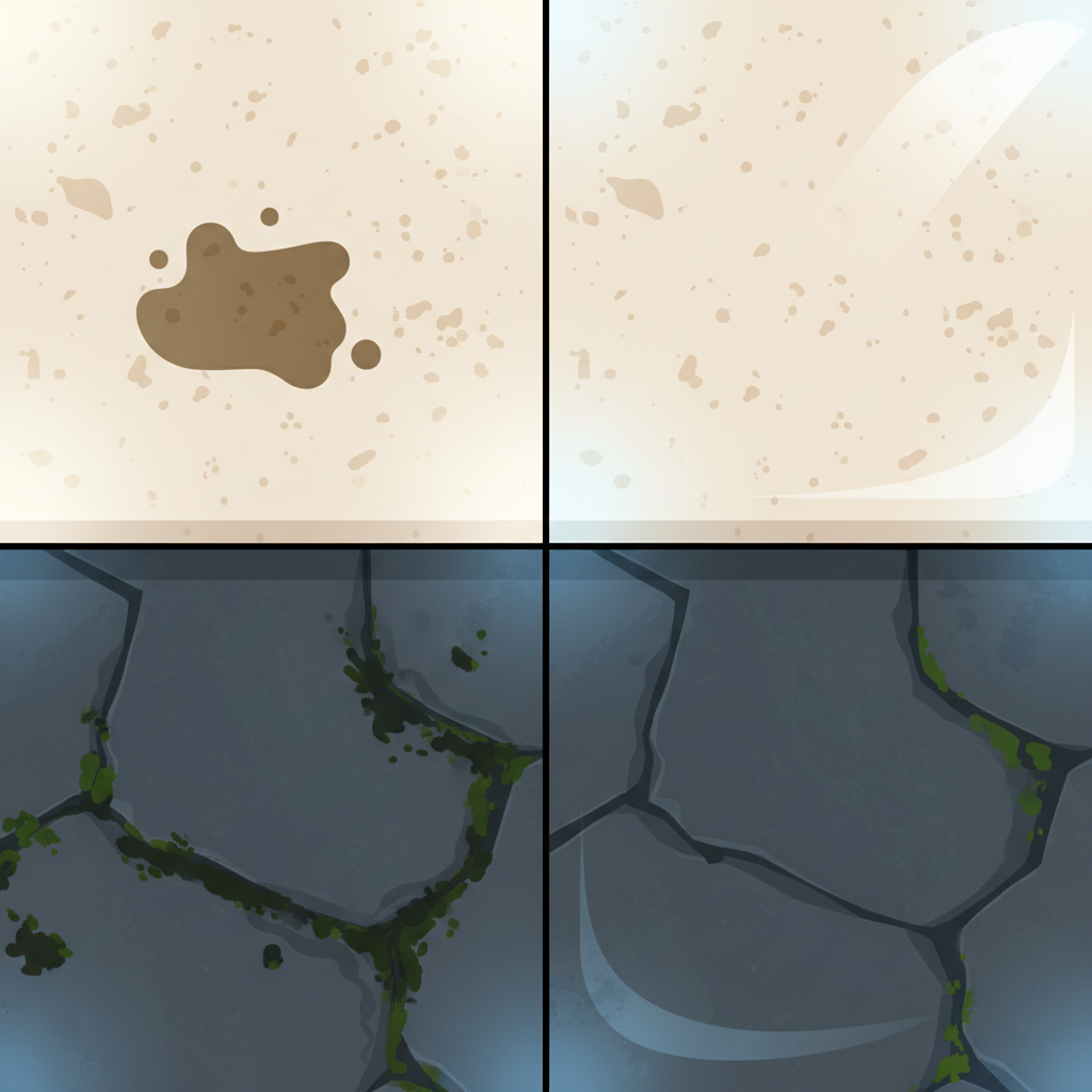A split-panel illustration comparing common stone surface issues with their perfectly cleaned counterparts. On the left side, a section of a stone kitchen counter shows a noticeable grease stain, and an outdoor slate tile exhibits patches of moss and algae. The surfaces appear dull and neglected. On the right side, the exact same sections of stone are shown impeccably clean, polished, and vibrant, free of any imperfections. A subtle glowing effect emanates from the clean surfaces, highlighting the transformation. The style is a clean, modern flat illustration with subtle textures, emphasizing contrast and the effectiveness of proper cleaning.