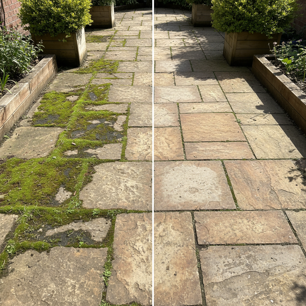 A professional photo capturing a clear before-and-after contrast of outdoor stone paving. On the left, a section of an aged, neglected patio path is visible, heavily overgrown with vibrant green moss, dark algae, and scattered dirt, making the surface look dull and potentially slippery. On the right, the identical stone paving section is pristine and brilliantly clean, showcasing its original warm tones and intricate textures. The visual transition dramatically highlights the improvement in aesthetic appeal, safety, and overall property value achieved through effective stone cleaning.