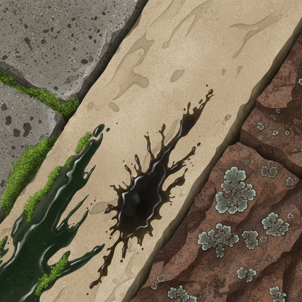 A realistic, detailed close-up illustration showcasing different types of common stone contaminants on a variety of outdoor stone surfaces. On a section of rough paving stone, patches of vibrant green moss and dark, slimy algae are clearly visible. Nearby, a stubborn, dark oil stain seeps into a smooth natural stone slab, and a small cluster of grey-green lichens clings to another textured surface. The illustration emphasizes the diverse challenges stone surfaces face, highlighting the various types of dirt that accumulate and the need for specific cleaning approaches to prevent long-term damage.