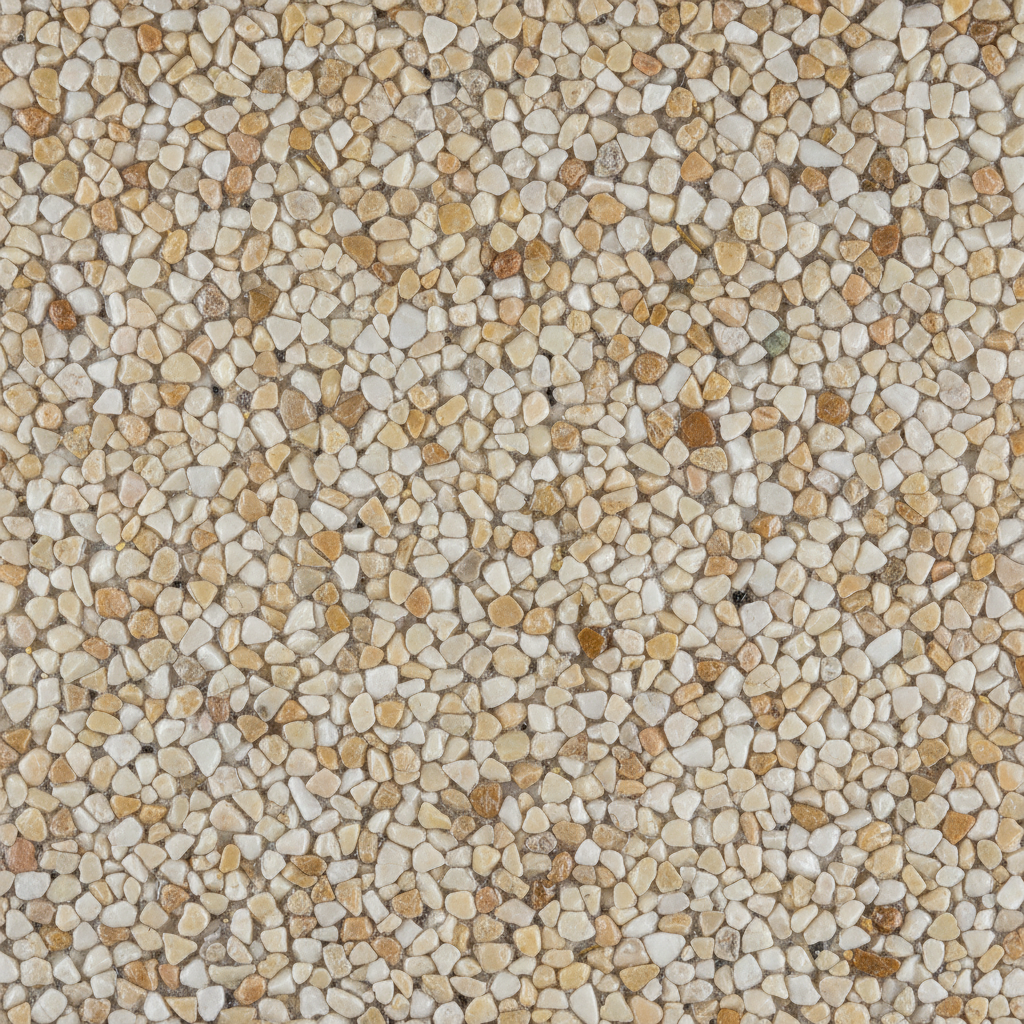A vibrant, detailed close-up (macro photography style) of a clean Steinteppich surface, showcasing its unique texture. Individual natural stone granules (like quartz or marble) are clearly visible, expertly bound together by a seamless, translucent resin. Light gently reflects off the smooth yet textured surface, emphasizing its aesthetic appeal and durability. Tiny, subtle shadows within the minute gaps between stones hint at the surface's inherent porosity, subtly suggesting where dirt might accumulate, but the overall impression is one of pristine cleanliness and natural beauty.