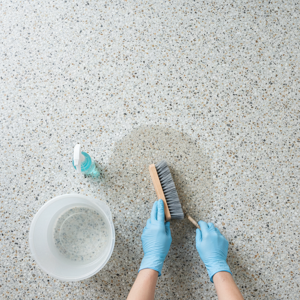 An overhead, clean and well-lit scene depicting a section of a Steinteppich being carefully cleaned. A pair of hands, possibly wearing protective gloves, are gently using a soft-bristled brush or a microfiber mop over the stone carpet surface. Adjacent to the cleaning area, a bucket with clear water and perhaps a small, professional-looking spray bottle (without any visible text) containing a cleaning solution are visible. The surrounding Steinteppich appears spotless and refreshed, conveying a sense of effective, gentle maintenance without aggressive methods.