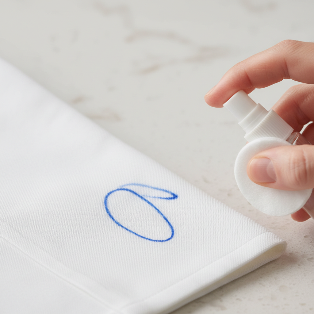 A bright, professional close-up photo illustrating a common pen stain scenario. The main focus is a crisp white fabric, possibly a shirt cuff or tablecloth, displaying a distinct blue ballpoint pen mark. Beside it, a hand (only fingers and palm visible) holds a small, generic spray bottle or a cotton pad, subtly implying the preparation for cleaning. The background is a gently blurred, light-colored domestic surface like a countertop, creating a clean and actionable atmosphere. The lighting is soft and even.