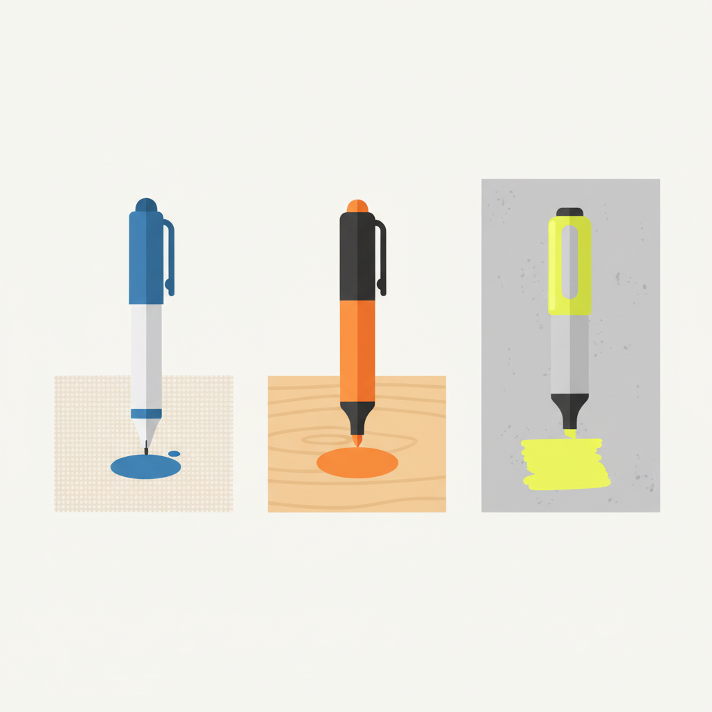A clean, modern flat illustration depicting the variety of pen stains and materials. The image features three distinct, simplified pens (a classic ballpoint, a vibrant felt-tip, and a bright highlighter) arranged horizontally. Below each pen, a small, representative ink blot of its color is shown impacting a different textured surface: one on a light fabric, another on a smooth wooden surface, and the third on a matte wall texture. The overall composition should be clear and visually categorize the problem, using a soft color palette.