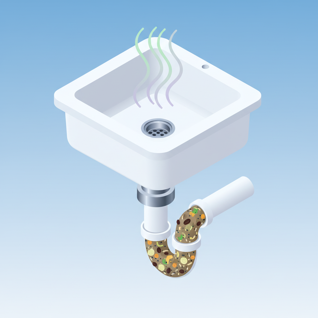 A detailed cutaway view of a kitchen sink drainpipe and its U-shaped siphon (P-trap). The internal walls of the pipe and siphon are heavily coated with a thick, grimy layer composed of congealed fat, various small food particles, and dirty soap scum. Abstract, subtle wavy lines rise from the drain opening, visually representing an unpleasant odor. The scene emphasizes the accumulation of waste causing the smell. This should be a clean, informative 3D isometric diagram or infographic illustration style with a bright, professional aesthetic.