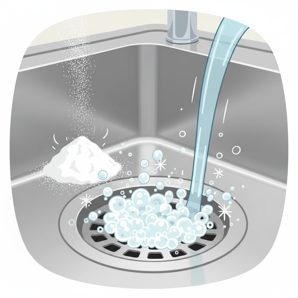 A close-up, dynamic illustration capturing the moment baking soda and vinegar react in a kitchen sink drain. White powdered baking soda is shown actively falling into the drain opening from one side, while a stream of clear vinegar pours in from the other. Inside the drain, a vigorous bubbling and fizzing reaction is depicted, with foamy, effervescent bubbles visibly rising and expanding. The surrounding sink area is clean and modern. Use a bright, engaging flat illustration style with motion lines to convey the chemical reaction.