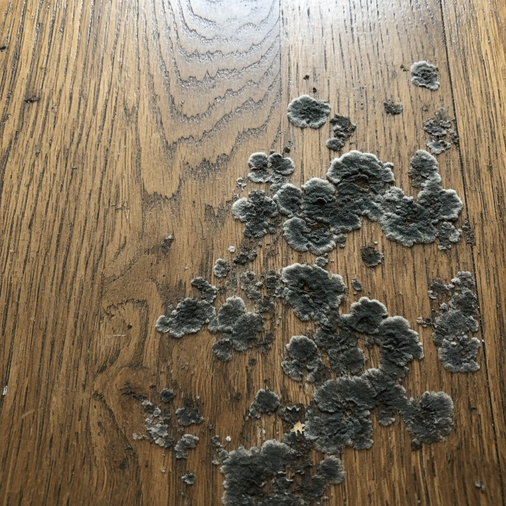 A detailed close-up professional photo of a wooden surface, such as an old floorboard or a section of a wooden cabinet. The wood grain should be clearly visible. A significant portion of the surface is covered with distinct dark, patchy, and slightly fuzzy grayish-black mildew stains (Stockflecken). The image should highlight the visual deterioration and texture contrast between the clean wood and the affected areas, with soft, natural lighting emphasizing the problem.