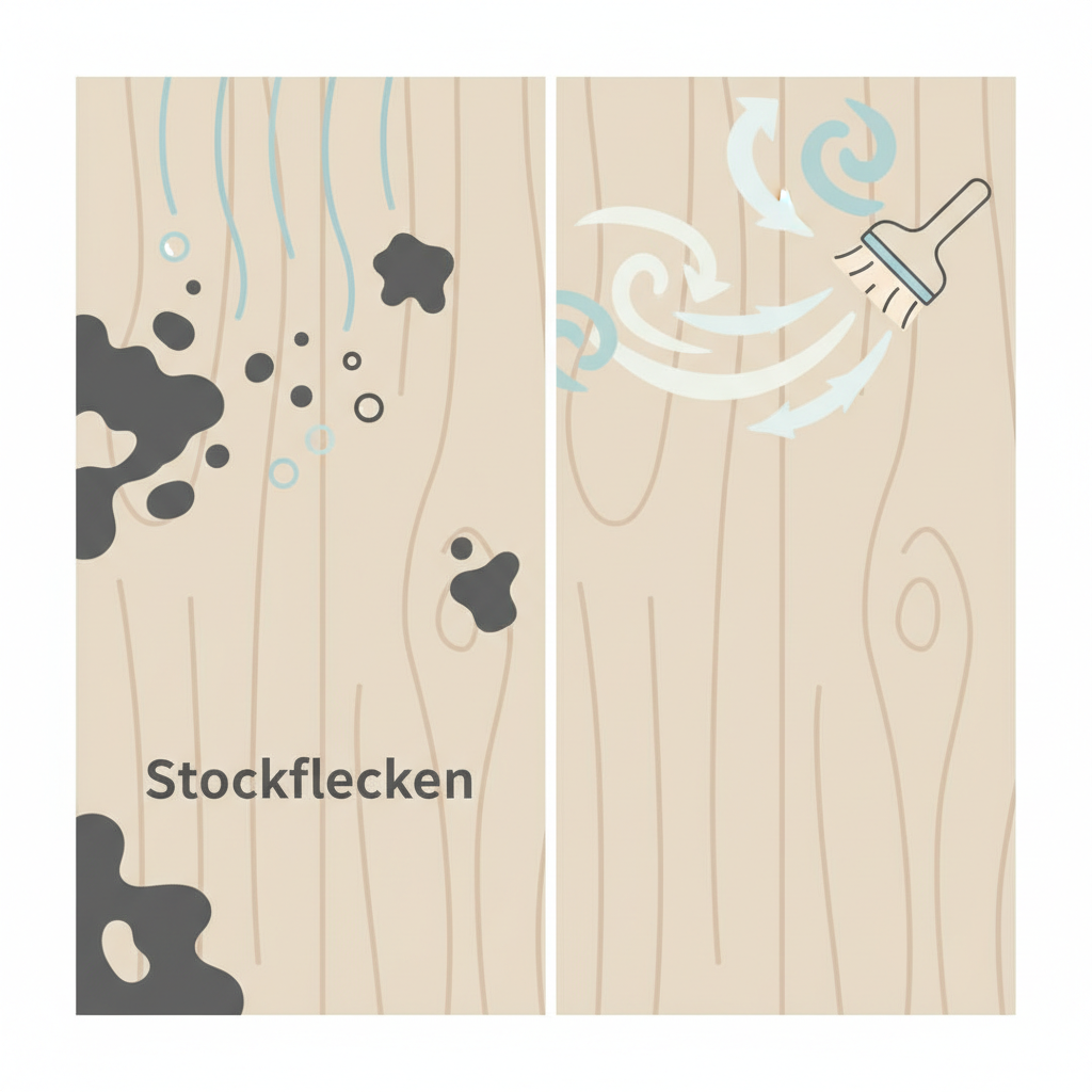A clean, modern flat illustration depicting the cause and effect of Stockflecken on wood. On the left side, a section of a light wooden plank shows visible dark grey/black mildew stains (Stockflecken), with subtle visual cues like condensation droplets or humidity lines originating above it, signifying moisture. On the right side, the same wooden plank is pristine and clean, with abstract symbols representing good air circulation or a gentle cleaning process, suggesting prevention or remedy. The color palette should be muted and natural.