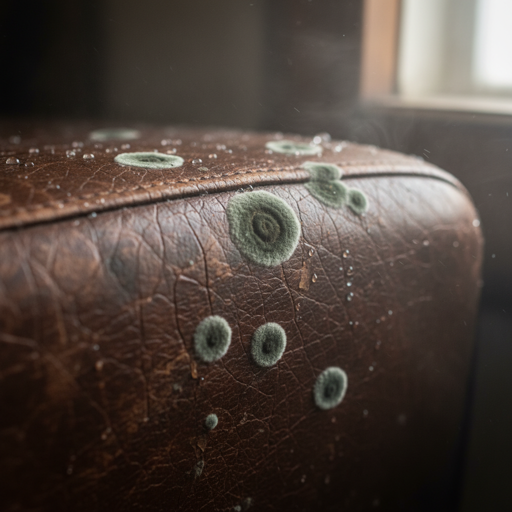 A close-up, high-detail professional photo of a section of a deep brown, worn leather surface, such as an antique armchair armrest or a vintage leather jacket. Several distinct, slightly fuzzy, greenish-black mold spots (Stockflecken) are clearly visible, contrasting with the rich leather. Subtle, abstract elements like faint, misty water vapor or tiny condensation droplets are suggested in the background or hovering near the affected area, indicating moisture. A sense of confinement or lack of airflow can be implied by soft, diffused lighting and a slightly enclosed perspective. The focus is on the visual impact of the damage and its environmental context.