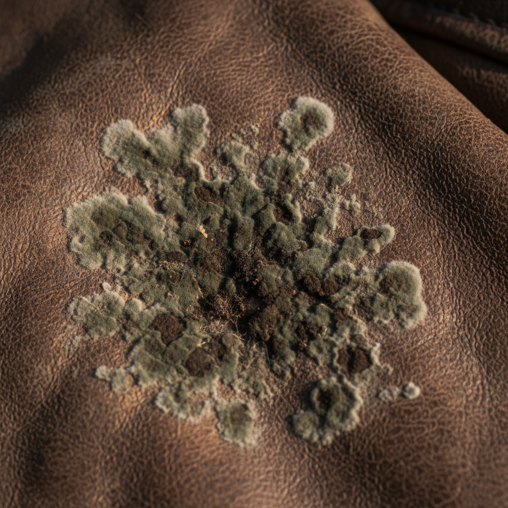 A realistic, close-up photograph of a section of a vintage leather handbag or a well-used leather jacket. The focus is on a visibly damaged area, showcasing distinct gray-green and dark spots, characteristic of mold (Stockflecken) spreading across the textured surface of the leather. The leather itself appears slightly dulled or discolored around the affected areas, conveying the detrimental impact of the mold. The lighting should highlight the uneven texture and the subtle fuzziness sometimes associated with fungal growth. The overall mood should be slightly distressed, emphasizing the problem addressed in the article.