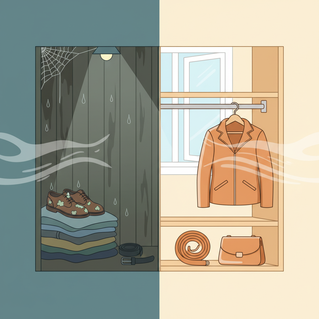 A clean, modern flat illustration depicting a split scene or a comparative layout related to leather storage. On one side, illustrate a dimly lit, damp-looking corner, perhaps a cluttered closet, with a leather item (e.g., a pair of shoes or a rolled-up belt) appearing slightly affected by moisture, subtly suggesting mold growth. Emphasize humidity with visual cues like faint mist. On the other side, show a bright, airy, and well-ventilated space, perhaps with a gentle breeze implied, where a clean, pristine leather item is properly stored on a hanger or shelf. The contrast highlights poor versus optimal conditions for preventing mold.