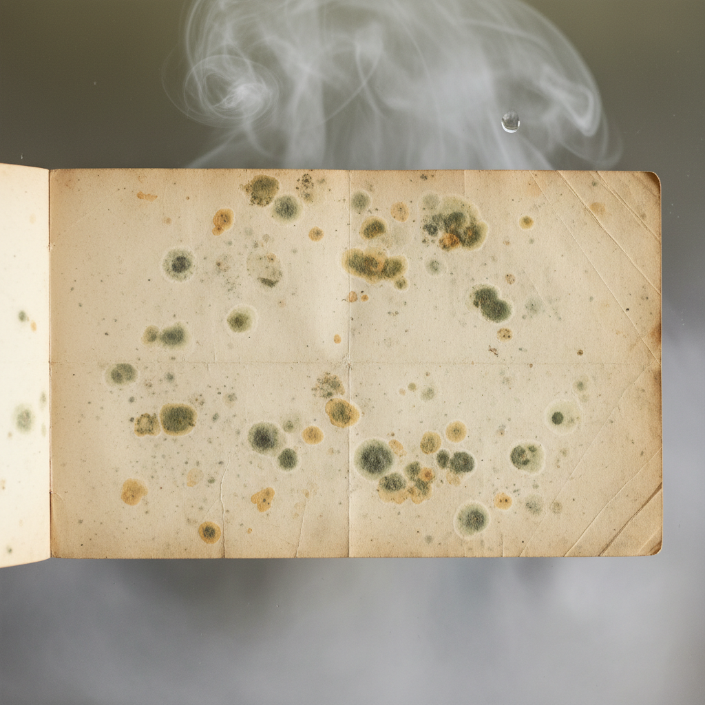A high-resolution, professional studio photograph of an aged, slightly yellowed paper document or an open book page. The paper is laid flat, showcasing several distinct, round and irregular stockflecken (mold stains) in shades of grey, muted green, and light brown. Focus on the intricate texture of the old paper and the unsightly contrast of the dark stains. In the background, softly blurred, subtle visual hints of high humidity are present, such as a delicate mist or a condensation droplet on an unseen surface, subtly implying the cause of the damage. The lighting should be natural, emphasizing the deterioration.