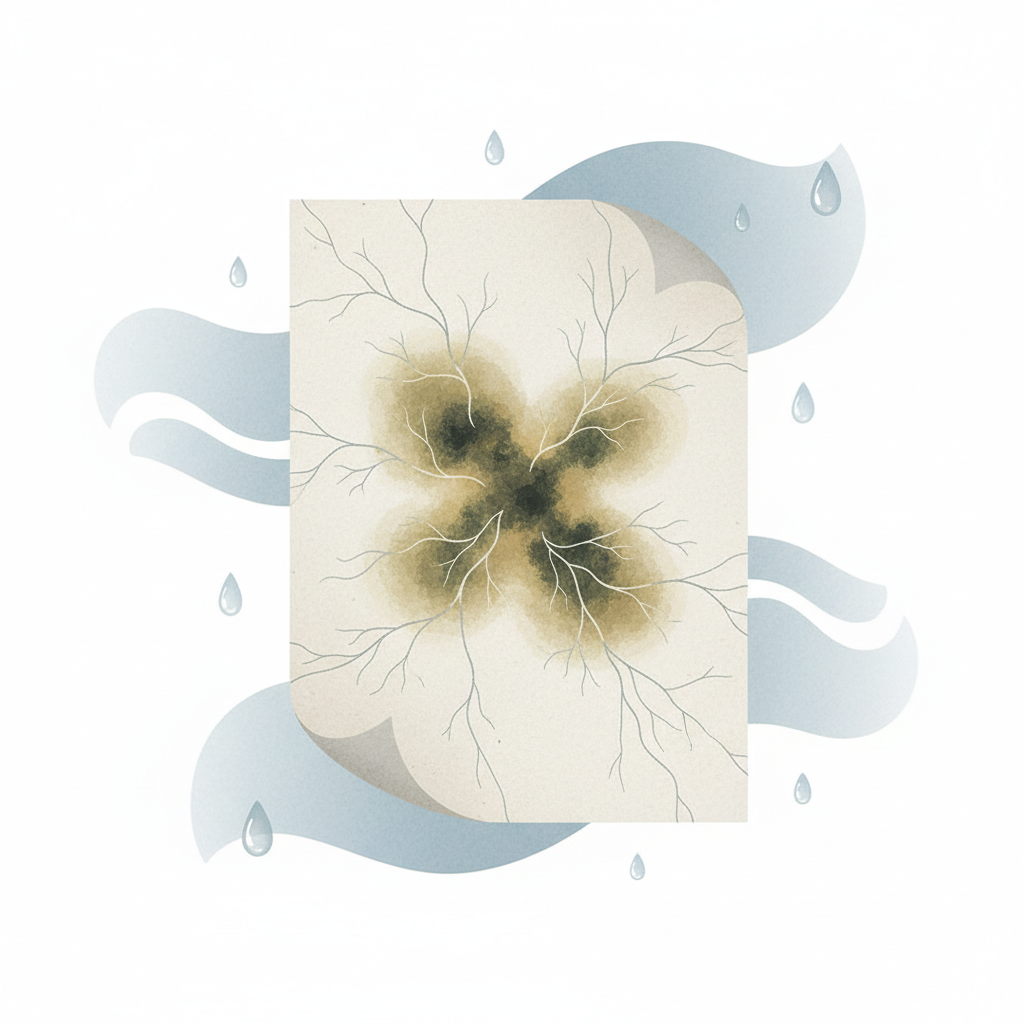 A clean, conceptual flat illustration depicting the detrimental effect of moisture and mold on paper. At the center, a simple, slightly curled sheet of paper is shown, with a prominent area exhibiting discolored, irregular stockflecken. From this stained section, subtle, abstract tendrils or root-like patterns extend inwards, visually representing the weakening and degradation of the paper fibers. Surrounding the paper, gentle, flowing wave-like patterns or dispersed moisture droplets symbolize the pervasive high humidity. The color palette should be muted, with the stains standing out, conveying fragility and irreversible damage.