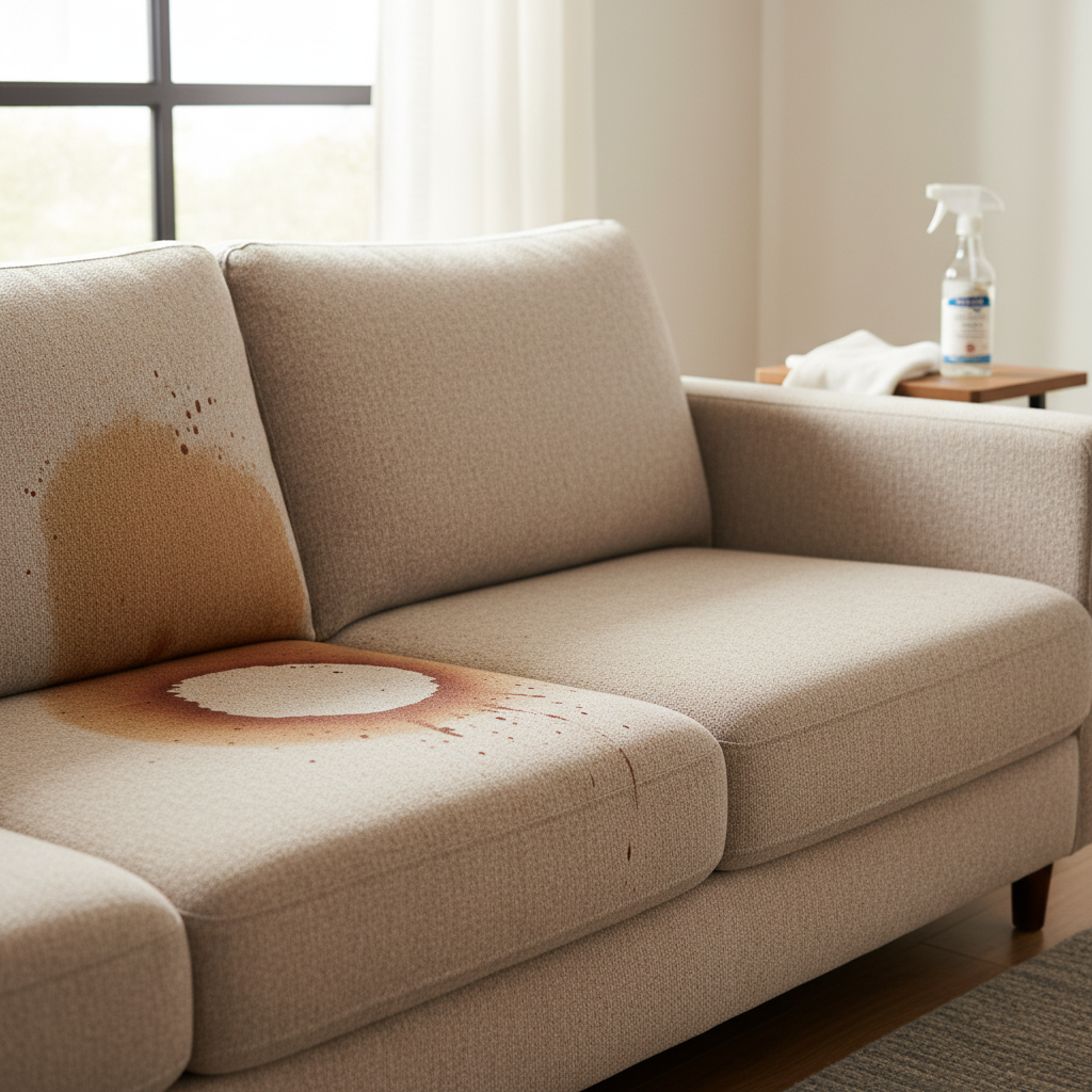 A professional, warm photo-realistic image showcasing a cozy living room scene. The central focus is a modern fabric couch, split visually down the middle. On one side, a noticeable fresh stain (like a splattered coffee or red wine ring) mars the upholstery. On the other side, the same couch fabric appears perfectly clean, fresh, and pristine, highlighting a successful transformation. Soft, natural lighting illuminates the scene, emphasizing the inviting texture of the fabric. In the blurred background, a few essential cleaning tools like a clean white cloth and a spray bottle are subtly visible, hinting at the solution.
