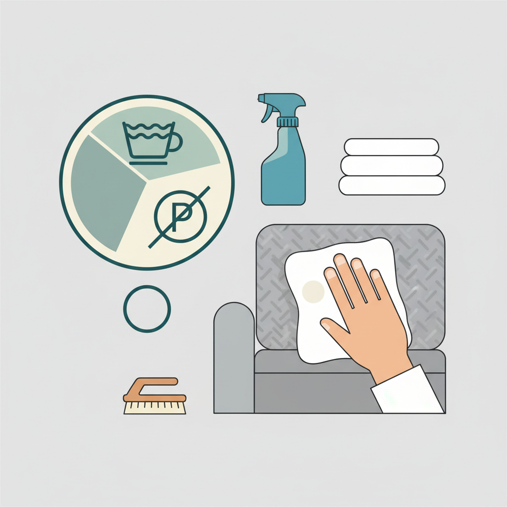 A clean, modern flat illustration in an infographic style, depicting key preparatory steps for couch stain removal. The left side features a magnified, stylized image of a fabric care label, showing distinct, universal symbols that clearly represent water-based, solvent-based, and dry-cleaning only instructions. On the right, a hand gently dabs an inconspicuous corner of a couch with a white cloth, illustrating a patch test. Surrounding these actions are neatly arranged illustrations of essential cleaning tools: a spray bottle, a soft brush, and several folded white microfiber cloths. The color palette is calm and professional, emphasizing clarity and instruction.