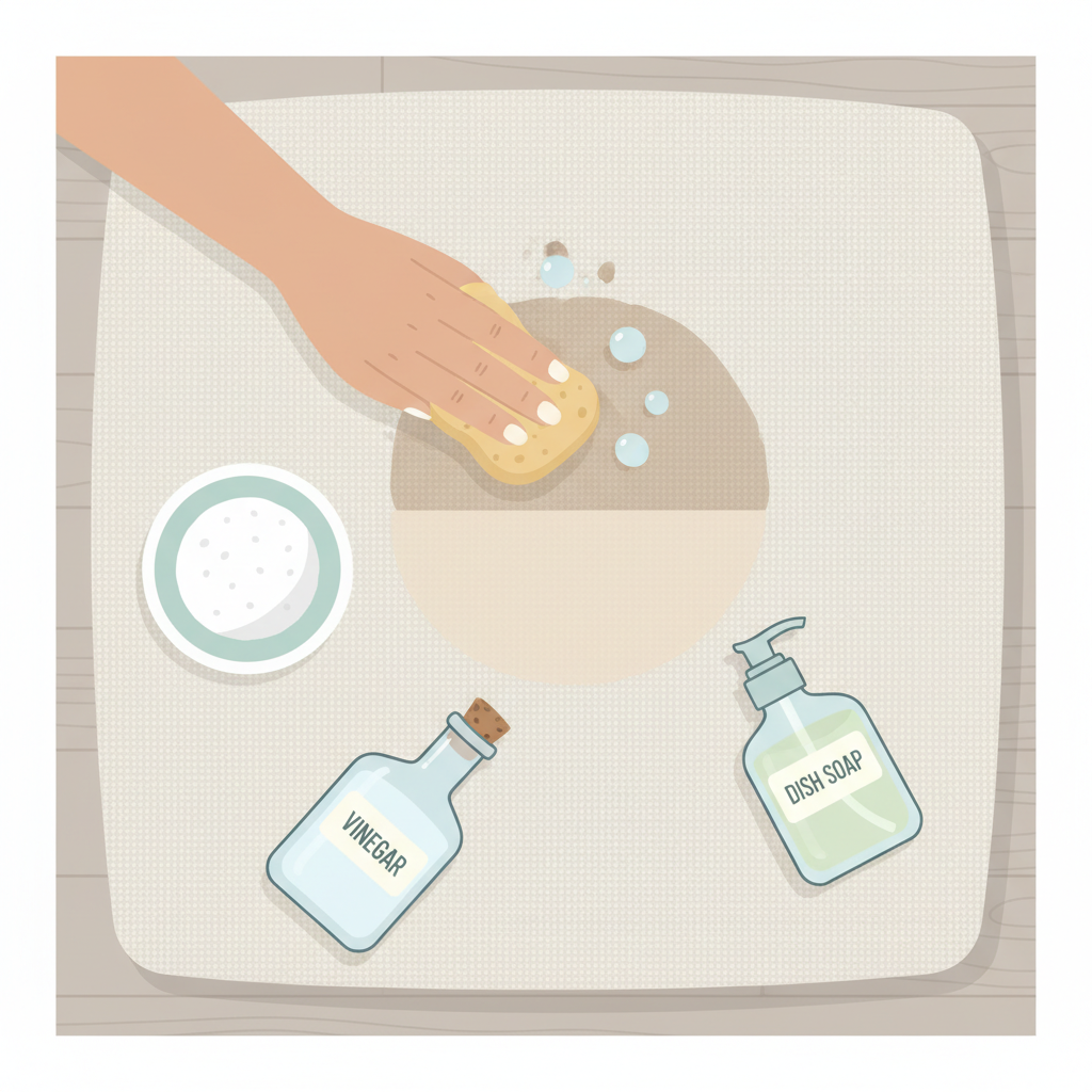 A vibrant, detailed flat illustration from a top-down perspective, showcasing the process of cleaning a fabric couch with home remedies. The scene features a clean, light-colored fabric couch, with a visible but not overly dramatic dirt spot. Arranged around the spot are small, aesthetically pleasing containers of natural cleaning agents: a white bowl of baking soda, a clear bottle of vinegar, and a small, minimalist bottle of dish soap. A human hand, with a clean sponge, is gently dabbing the stain, and a visible distinction between the dirty and already-cleaned area is subtly illustrated. The overall ambiance is bright, fresh, and highlights the effectiveness of natural ingredients.