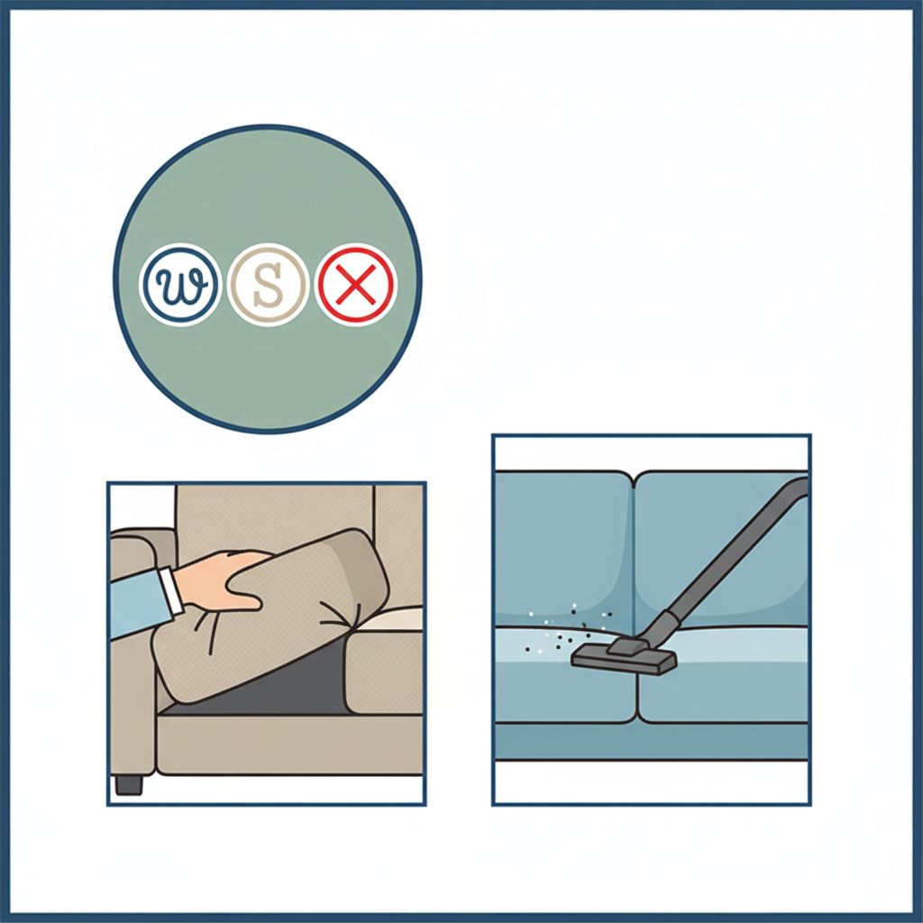 A professional, crisp infographic illustration detailing the essential preparation steps for cleaning a fabric couch. The illustration is segmented to represent different actions. One segment prominently displays stylized fabric care symbols: a 'W' symbol, an 'S' symbol, and an 'X' symbol, each distinctly rendered within a circular icon. Another segment shows a hand lifting a couch cushion or pulling back a fabric flap to reveal a hidden seam, indicating a test spot. A third segment illustrates a vacuum cleaner nozzle effectively removing debris from a textured fabric surface. The design is clean, informative, and uses a limited, harmonious color palette.