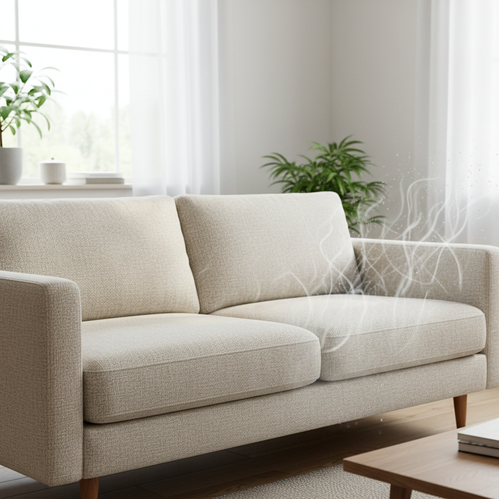 A professional, inviting photo of a modern fabric couch in a bright, subtly lit living room setting. On one side, the couch appears pristine and freshly cleaned, exuding comfort and hygiene. On the other side, or subtly emerging from beneath the surface of the couch's fabric, abstract, light grey wisps and microscopic dots represent dust and microscopic allergen particles dissipating upwards and outwards, symbolizing their removal and the improvement in air quality. The overall image should convey freshness, cleanliness, and the hidden benefits of maintenance, with a focus on the couch's inviting texture and appearance, without any visible cleaning tools.