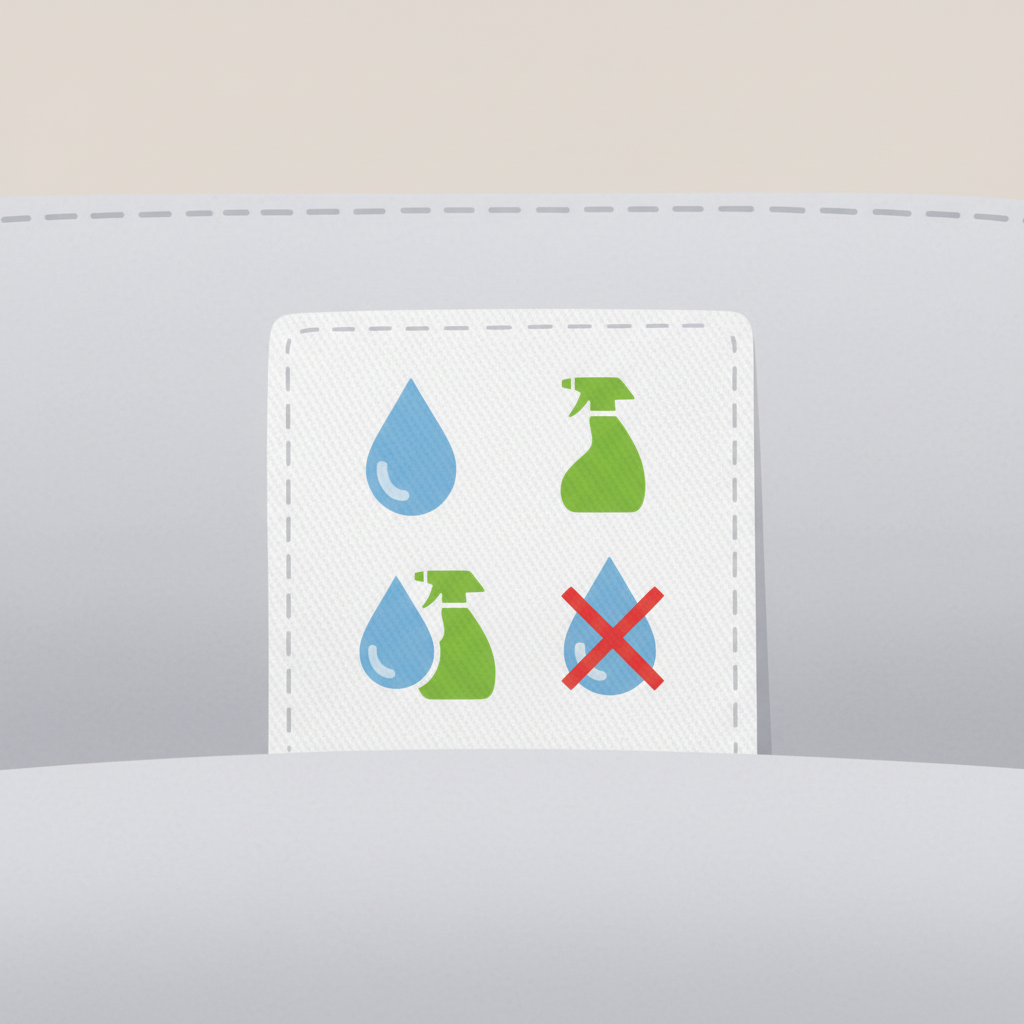 A clean, minimalist flat illustration showing a close-up of a fabric couch's care label. The label is white with a subtle fabric texture. Prominently displayed are four distinct, universally recognizable cleaning symbols, without any letters or text: a clear water droplet symbol (indicating water cleaning), a stylized chemical flask or spray bottle symbol (for solvent cleaning), a combined symbol featuring both a water droplet and a flask (for both methods), and a 'do not wet' symbol (a large 'X' or cross superimposed over a liquid bottle). Each symbol is rendered in a modern, infographic style, highlighting the importance of checking care instructions before cleaning. The background is simple and uncluttered, emphasizing the label.
