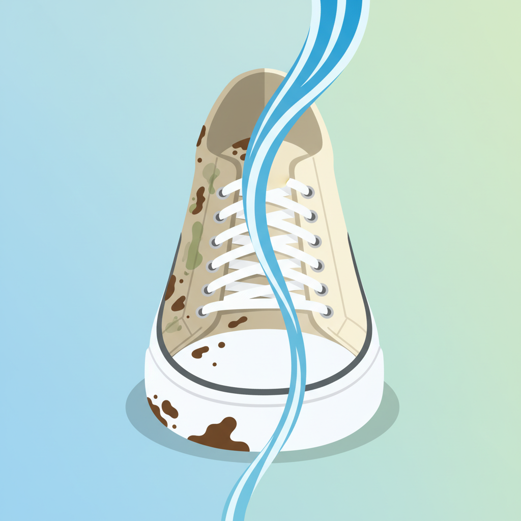A close-up, dynamic flat illustration depicting a fabric sneaker. One half of the sneaker is visibly dirty with various common stains like mud, grass, and watermarks, illustrating its 'before' state. The other half is pristine and vibrant, showcasing the 'after' effect of cleaning. A gentle, illustrative 'swipe' or 'wave' element visually separates the two states, suggesting a transformation. The background is clean and minimalistic, allowing the sneaker and its transformation to be the sole focus. The style should be modern, clean, and inviting, suitable for a DIY guide.