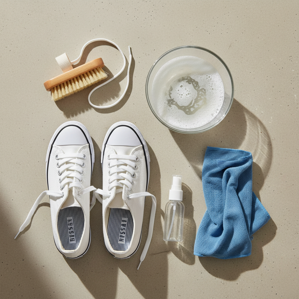 A vibrant, top-down flat lay photo showcasing various cleaning tools and a pair of fabric sneakers on a clean, light surface. The sneakers are partially disassembled, with shoelaces and insoles removed and placed neatly beside them. Around the sneakers are cleaning essentials: a soft brush, a small bowl of soapy water, and a clean microfiber cloth. The scene implies organized preparation for cleaning, ready for action. The lighting is bright and natural, highlighting the textures of the fabric and tools, in a professional, clean blog aesthetic.