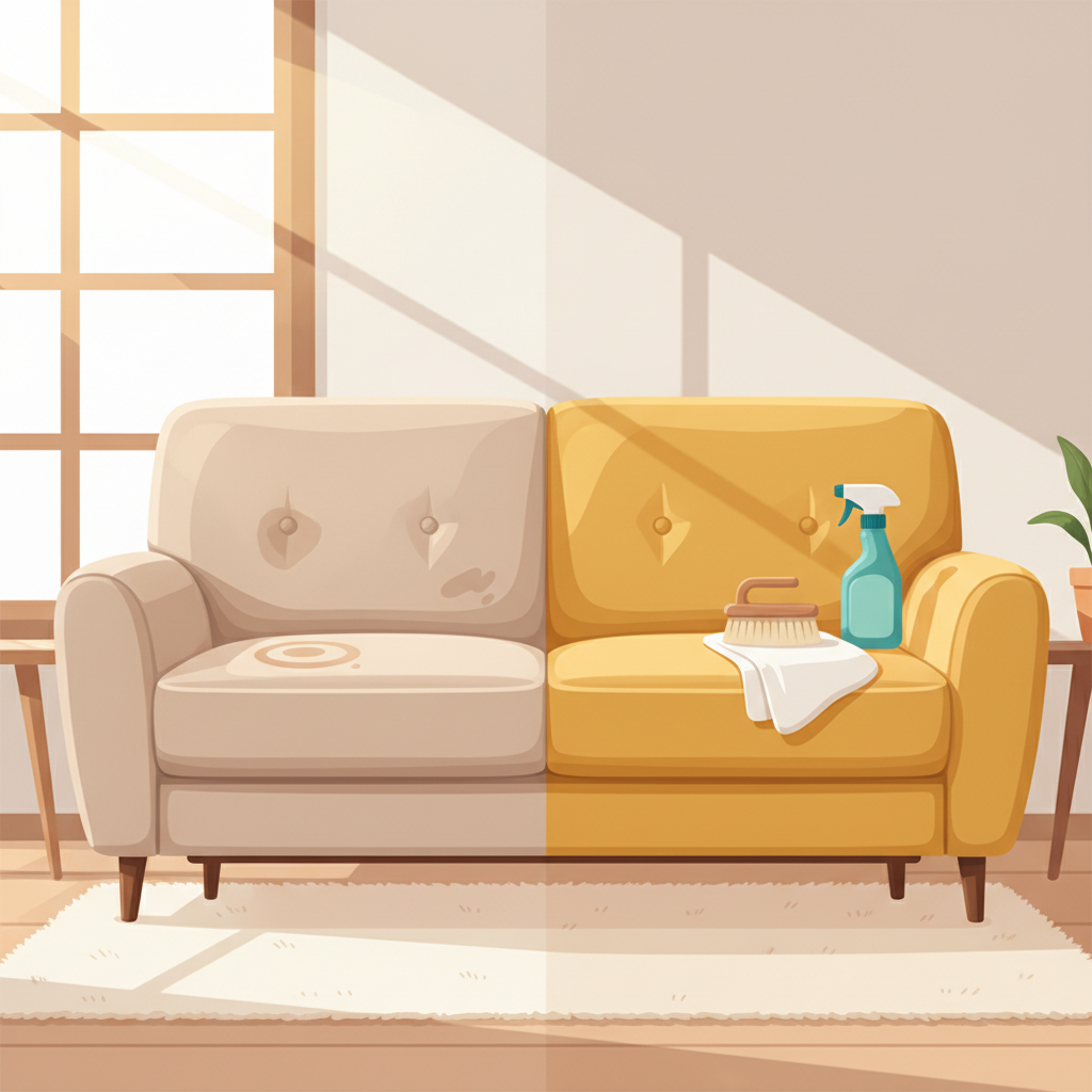 A vibrant, professional flat illustration depicting a cozy fabric sofa in a modern, sunlit living room. One side of the sofa clearly shows a subtle, generic stain (e.g., a faint ring or smudge) and appears slightly dull, while the other side is pristine, bright, and inviting, gleaming with a fresh appearance. Around the clean half, various generic cleaning tools are artfully arranged, such as a simple spray bottle, a soft cleaning brush, and a folded clean cloth. The overall image should evoke a sense of before-and-after transformation, highlighting the effectiveness of cleaning.