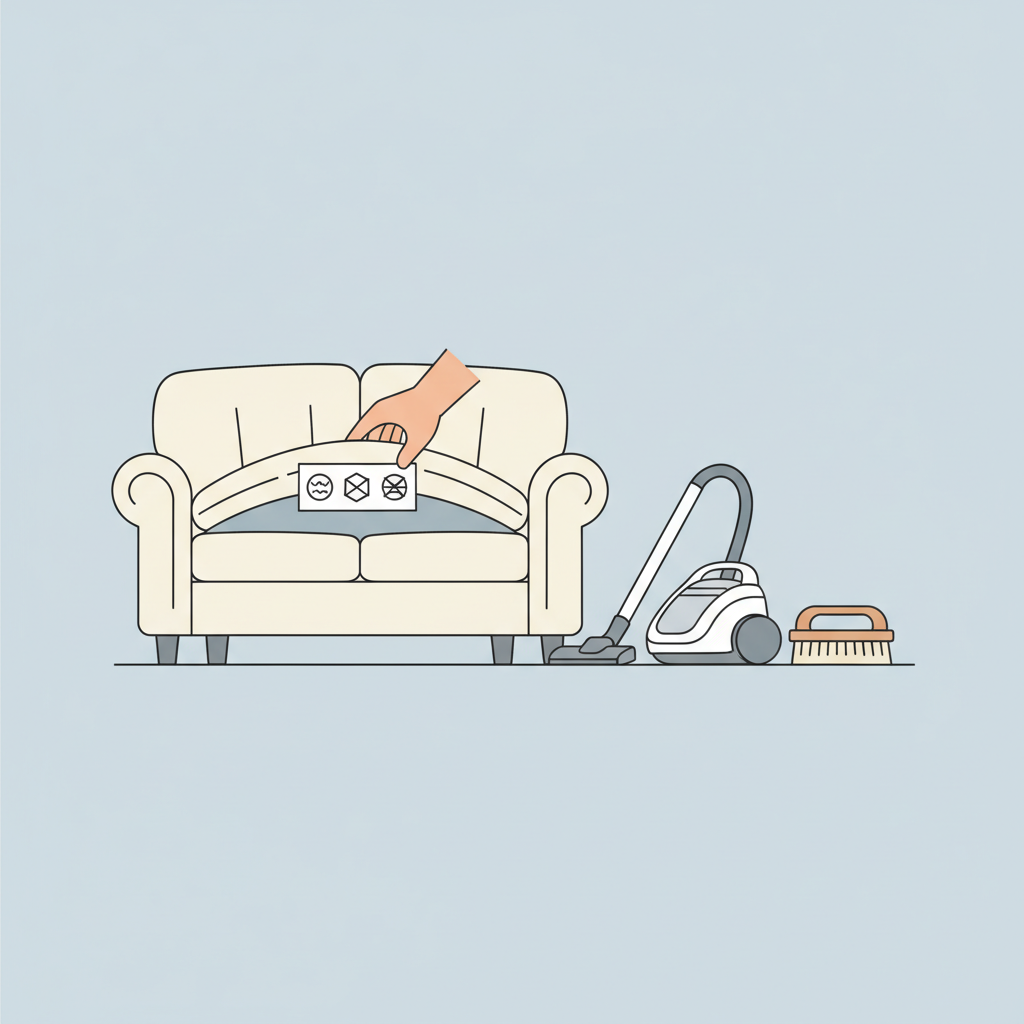 A clear, minimalist infographic-style illustration focusing on the preparation phase of sofa cleaning. A stylized hand gently lifts a sofa cushion, revealing a generic care label attached underneath. On the label, abstract, simple symbols (representing categories like 'water-safe' or 'solvent-only') are visually depicted, without using actual letters. Adjacent to this, essential cleaning tools are neatly arranged: a sleek vacuum cleaner with a distinct upholstery nozzle attachment and a soft-bristled cleaning brush. The background is clean and unobtrusive, emphasizing careful preparation and material awareness.