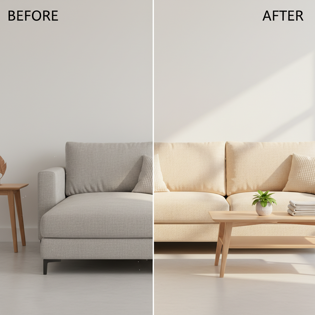 A cozy, modern fabric sofa in a bright, minimalist living room. The image should visually convey a 'before and after' transformation: one side of the sofa appears slightly dull or muted, subtly hinting at accumulated dust and minor blemishes, while the other side is vibrant, fresh, and pristine, with its fabric texture looking revived. A gentle, soft light illuminates the clean side, creating an inviting atmosphere. Use a warm, inviting flat illustration style with soft shadows, emphasizing the sofa's renewed comfort and cleanliness, ideal for a home improvement blog.