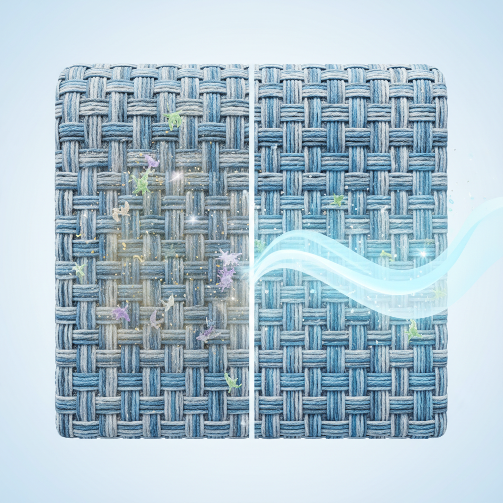 A detailed, stylized close-up or cross-section view of a fabric sofa's upholstery. The image visually represents the microscopic elements accumulating within the fabric fibers, such as tiny dust particles, abstract representations of allergens, and pet dander. On one side, these elements are visible and embedded in the textile, while on the adjacent side, the fabric appears visibly cleaner and refreshed, with these unwanted particles being removed or lifted away by an abstract, gentle 'cleaning force' effect, leaving behind sparkling, clean fibers. Use a clear, modern infographic style with soft, distinct colors to convey hygiene and effective cleaning.
